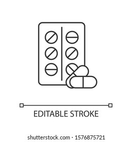 Pills linear icon. Medication and pharmaceuticals. Prescription and drugs. Birth control. Common cold aid. Thin line illustration. Contour symbol. Vector isolated outline drawing. Editable stroke