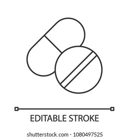 Pills linear icon. Thin line illustration. Medications. Contour symbol. Vector isolated outline drawing. Editable stroke