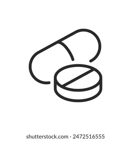 Pills, linear style icon. Capsule and round tablet. Represents medication. Editable stroke width