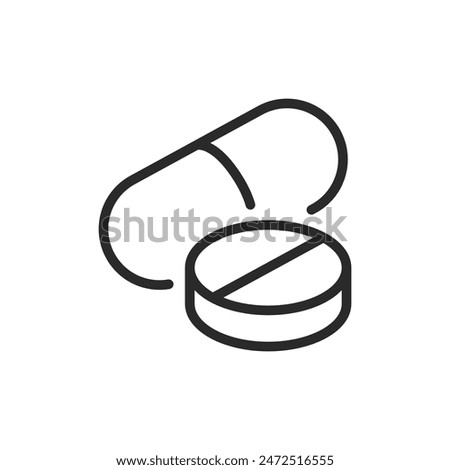 Pills, linear style icon. Capsule and round tablet. Represents medication. Editable stroke width