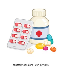 Pills and liquids medicine for children kawaii doodle flat vector illustration