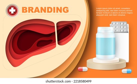 Pills for liver disease treatment vector illustration. Tablet branding 3d banner template. Drugs and vitamin, organic supplement and painkiller for first aid. Pharmacy concept