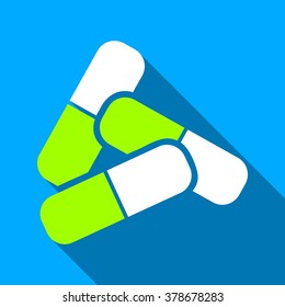 Pills long shadow vector icon. Style is a flat light symbol with rounded angles on a blue square background.