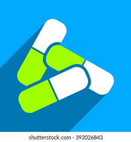 Pills long shadow vector icon. Style is a flat pills iconic symbol on a blue square background.