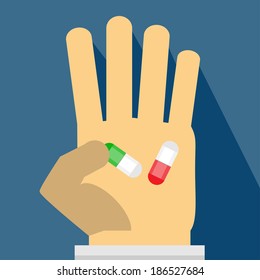 Pills lying on hand in a flat design