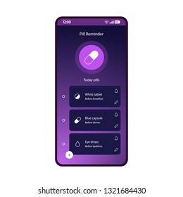 Pills, med reminder app smartphone interface vector template. Drugs list page screen purple design layout. Medication tracker mobile application. Flat gradient UI. Medical prescriptions phone display