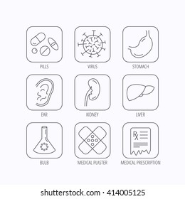 Pills, medical plaster and prescription icons. Virus, stomach and liver linear signs. Ear, kidney and lab bublb icons. Flat linear icons in squares on white background. Vector