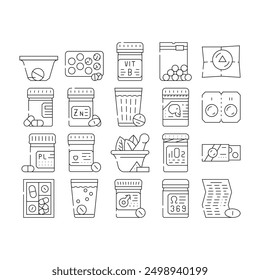 Pills Medicaments Collection Icons Set Vector. Pills Package And Glass With Water, Instruction And Pillbox Container, Medical Treatment Black Contour Illustrations