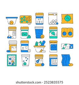 Pills Medicaments Collection Icons Set Vector. Pills Package And Glass With Water, Instruction And Pillbox Container, Medical Treatment color Contour Illustrations