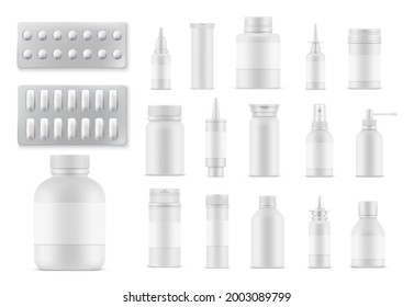 Pills and medicaments realistic bottles and packages. Vector medicine blister packs, sprayers, tablets and capsules mockup. Painkillers, remedy design elements for medical advertising isolated 3d set