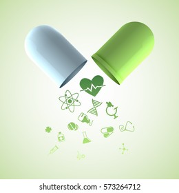 Pills and medication background with prescription and healthcare symbols realistic vector illustration