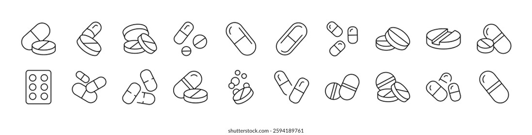 Pills and Medication Collection of Thin Icons. Editable Stroke. Suitable for Web Sites, Books, Cards, Apps