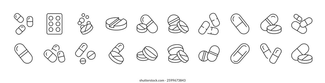 Pills and Medication Icon Set for UI, Placards, Books, Apps. Editable Stroke. Suitable for Web Sites, Books, Cards, Apps