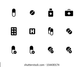 Pills, medication icons on white background. Vector illustration.