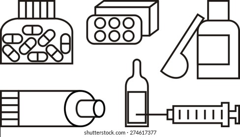 pills, medication, icons set, vector illustration