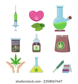 Pills or medication from marijuana vector illustrations set. Collection of cartoon drawings of cannabis oil, injection, medical use of weed. Alternative medicine, healthcare, treatment concept