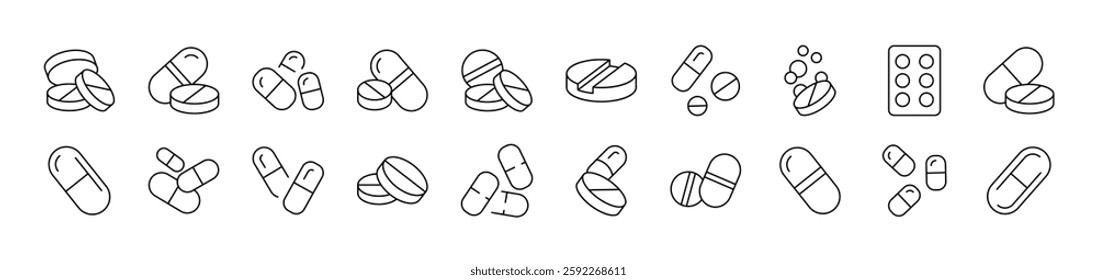 Pills and Medication Outline Simple Linear Image Collection. Editable Stroke. Suitable for Web Sites, Books, Cards, Apps