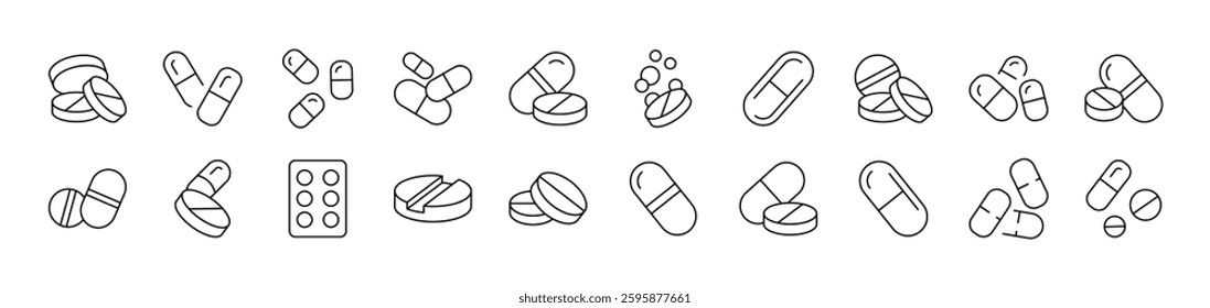 Pills and Medication Pack of Thin Icons. Editable Stroke. Suitable for Web Sites, Books, Cards, Apps