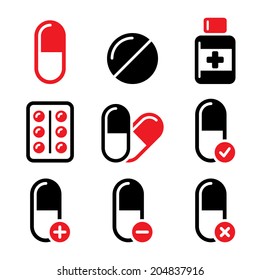 Pills, medication red and black vector icons set  