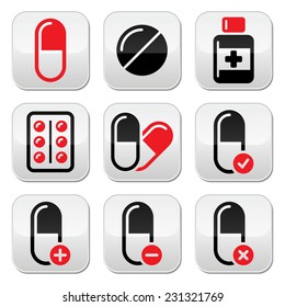 Pills, medication red and black vector icons set  