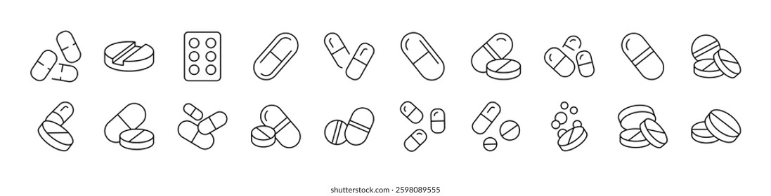 Pills and Medication Simple Isolated Line Icons Collection. Editable Stroke. Suitable for Web Sites, Books, Cards, Apps