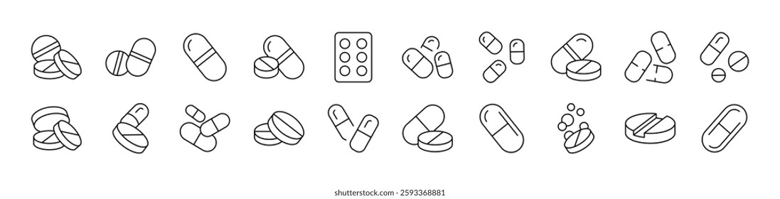 Pills and Medication Thin Icons Collection. Editable Stroke. Suitable for Web Sites, Books, Cards, Apps 