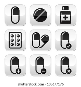 Pills, medication  vector buttons set