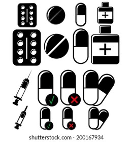 Pills, medication vector buttons set