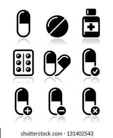 Pills, medication  vector icons set