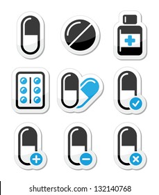 Pills, medication  vector icons set