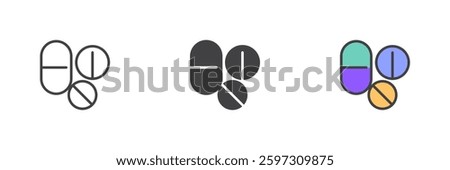 Pills or medications different style icon set. Line, glyph and filled outline colorful version, outline and filled vector sign. Medical capsule and two tablets symbol, logo illustration