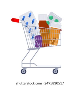 Pills and Medications in shopping trolley. Medical expenses, pharmacy, purchase of drugs, insurance. Simplicity and quiet vector illustration. Isolated on white.