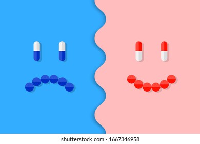 Pills and medicine arranged as sad and happy faces. Sad expression as illness and smiling expression as well-being and healthy life concept.