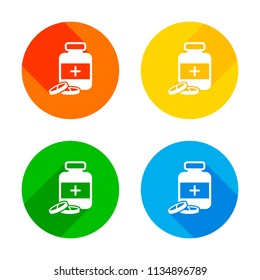 Pills and medicine bottle. Flat white icon on colored circles background. Four different long shadows in each corners