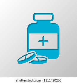 Pills and medicine bottle. Paper design. Cutted symbol with shadow