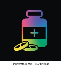 Pills and medicine bottle. Rainbow color and dark background