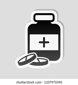 Pills And Medicine Bottle. Sticker Style With White Border And Simple Shadow On Gray Background