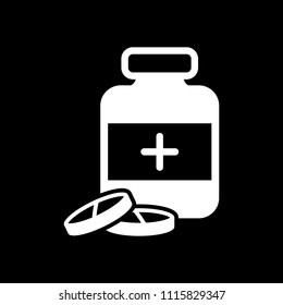 Pills and medicine bottle. White icon on black background. Inversion