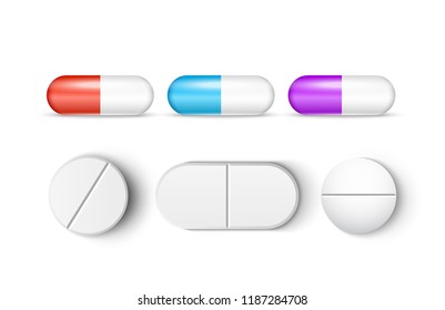 Pills medicine capsule vector icon isolated set. Pharmacy pill treatment painkiller or vitamin medicine.