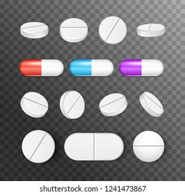 Pills medicine capsule vector icon isolated set. Pharmacy pill treatment painkiller or vitamin medicine.