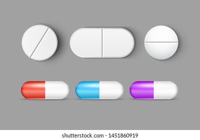 Pills medicine capsule vector icon isolated set. Pharmacy pill treatment painkiller or vitamin medicine.