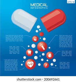 Pills Medicine Infographic On Blue Background. Vector 