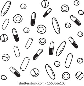 Pills. Medicine and pharmacy. Vector hand drawn illustration isolated on white background. Flat, cartoon style, line art.