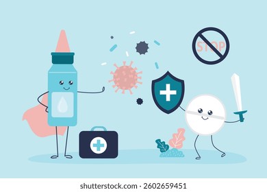 Pills and medicines defeat viruses and bacteria. Effective treatment, health protection, healthcare. Funny mascots heroes with positive faces. Stop the spread of infection and epidemics. flat vector