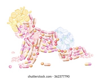 Pills - medicines that shape the silhouette of a baby, as a symbol for pharmaceutical and medical issues. Isolated vector illustration on white background.