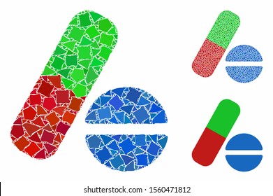 Pills mosaic of joggly items in different sizes and color tints, based on pills icon. Vector joggly pieces are combined into mosaic. Pills icons collage with dotted pattern.