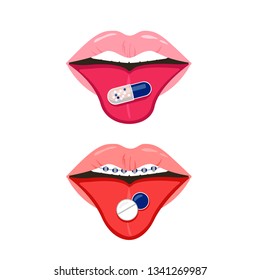 Pills in mouth.