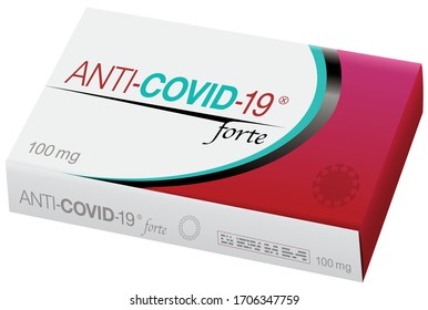 Pills named ANTI COVID 19, a medical fake product concerning coronavirus infection, business of big pharma industry. Isolated vector illustration on white background.
