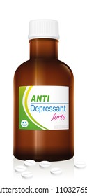 Pills named Anti Depressant forte with a smiling pill as the brand logo on the bottle. It is a medical fake product, which alludes to the handling with psychotropic drugs. Vector on white.