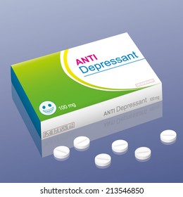 Pills named Anti Depressant with a smiling pill as the brand logo on the packet. It is a medical fake product, which alludes to the handling with psychotropic drugs. Vector illustration.